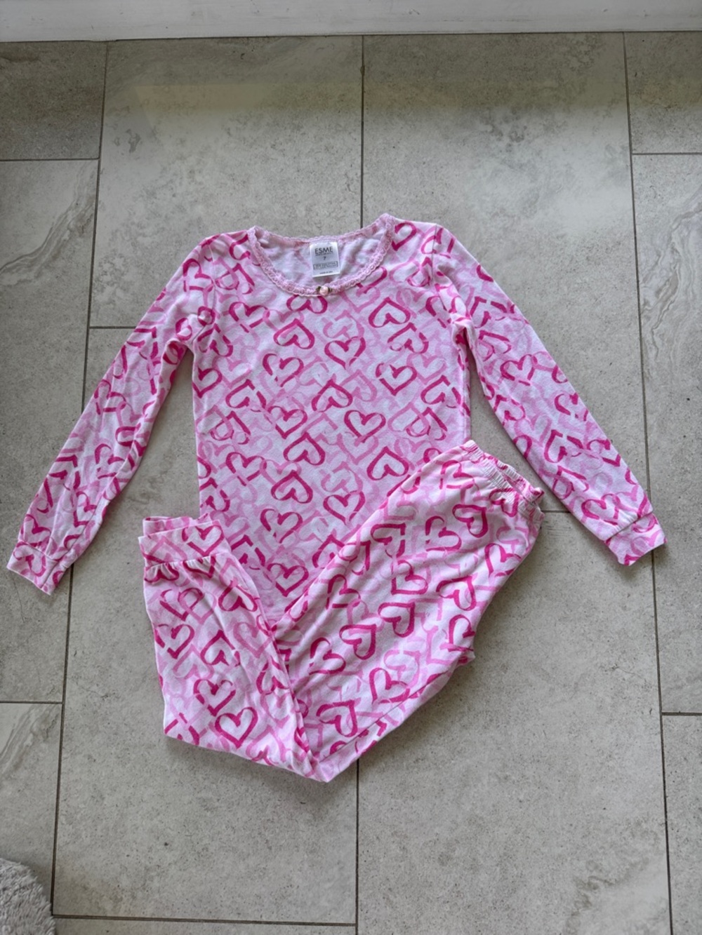 ESME Chandelier Pink Heart-Print Long Sleeve Pajama Set sz 7 - Picture 6 of 10